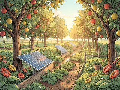 A former highway median converted to a productive food swale with fruit trees