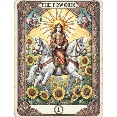 Tarot card illustration, The Sun child on white horse, sunflowers, radiant sun ,