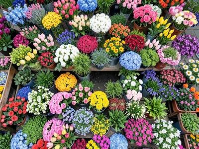 A spring flower market stall seen from directly above — every surface flowers an