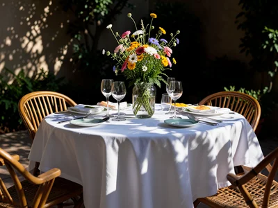 Table set for brunch on patio, white tablecloth, wildflower centerpiece, dappled