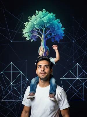 Tree topper being placed by child on father's shoulders, reaching up