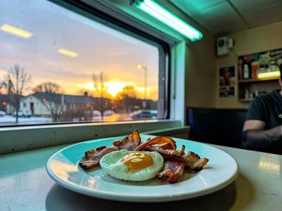 Plate of eggs and bacon in booth by window, fluorescent overhead pushing cyan on