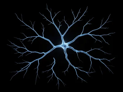 Branching dendrite spread across a 4cm field of cold black glass, blue trapped l