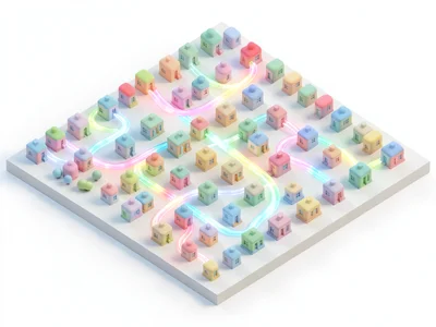 Bird's-eye isometric grid of small rounded buildings connected by curving transl