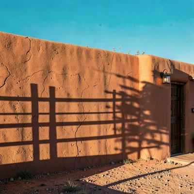 Santa Fe adobe warmth, high desert light clarity, Coyote fence casting shadow pa