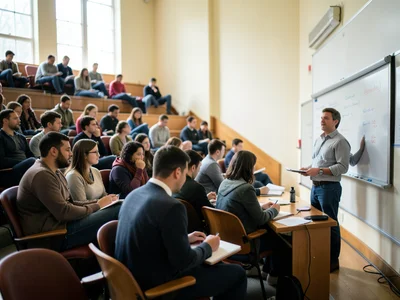 University lecture hall with tiered seating, professor at whiteboard, students t