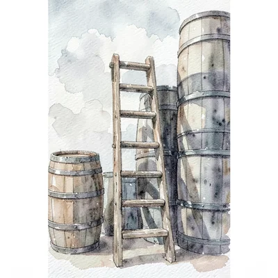 Vertical atmospheric view of a wooden ladder against a tall stack of barrels