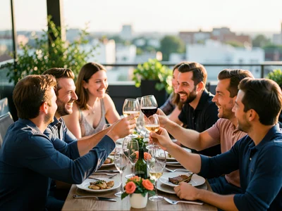 Group of friends clinking glasses at an outdoor rooftop dinner party