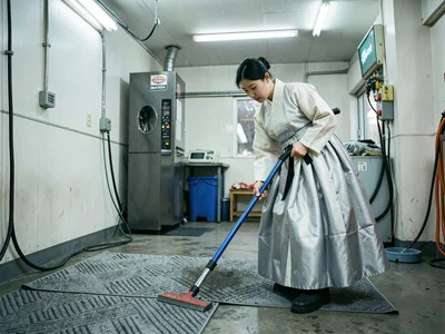 Silver and white hanbok at car wash vacuum station, cleaning floor mats