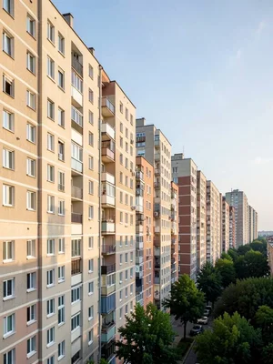 Apartment building facades repeating into distance