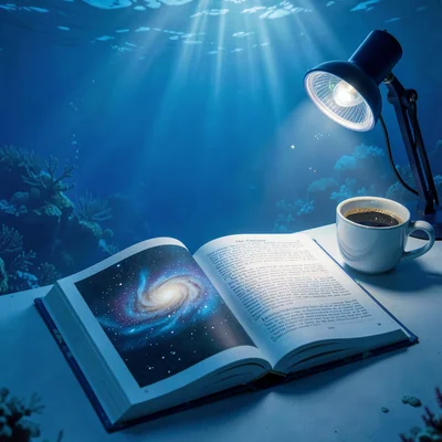 Deep oceanic blue saturation, light filtering through density, An astronomy book