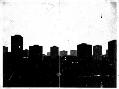 Cityscape photograph xeroxed to pure abstraction, buildings reduced to black rec