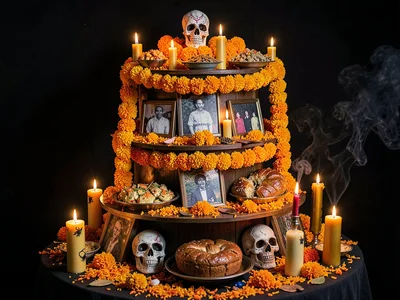 Two-tier ofrenda showing vertical layer construction