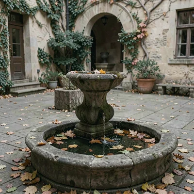 Stone fountain in a courtyard, water off, leaves collecting in the basin, autumn