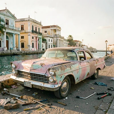 Faded pastel decay of Havana, Cuba, Mechanic under 1957 Chevy Bel Air, legs visi