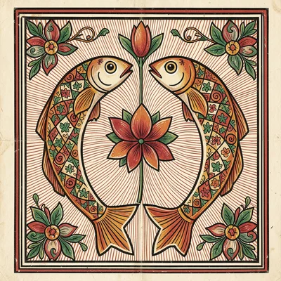 Two fish facing each other — their curving bodies forming an oval, lotus blossom