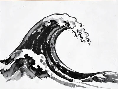 Waves rolling in — ink darkest at the curling crest, white foam negative space