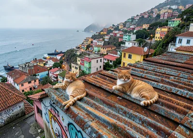 Impossible hill perspectives of Valparaíso, Chile, street cat lounging on corrug
