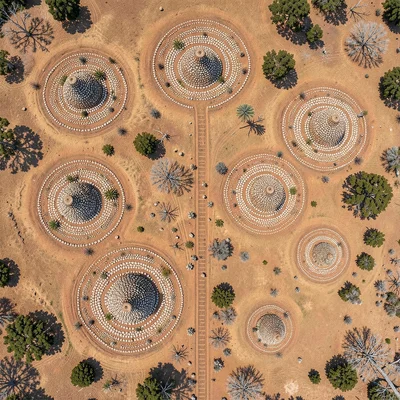 Conical anthills spaced across flat plain from above, track lines between them