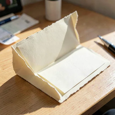 Macro of a folded cream comp card spread open across a sunlit desk, deckle edges