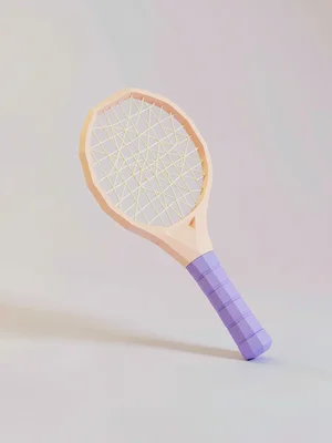 Strung faceted peach lowpoly tennis racket with a triangulated cream string mesh