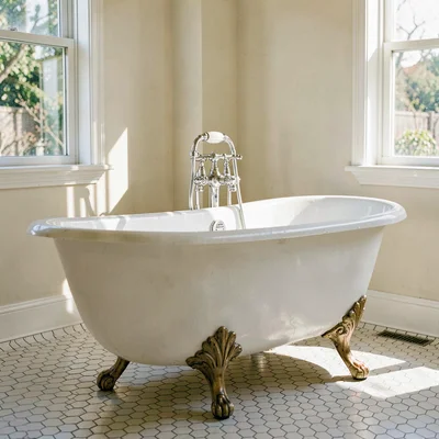 sunlit period bath with clawfoot tub and hex floor tile
