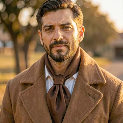 Warm campaign hero of a scarf knotted at the neck under a camel coat collar, gol
