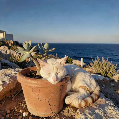 Mediterranean summer photograph, August dry heat, A cat sleeping in the shade of