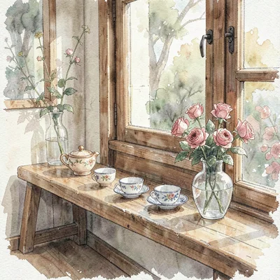 Watercolor of a tea station tucked beside a fitting bench, porcelain cups and a 