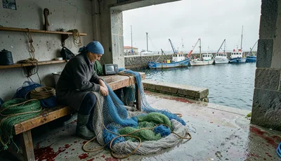 Documentary-style photograph, coastal Galicia, overcast Atlantic light, the work