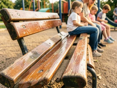 A park bench near the playground, the wooden slats bowed and polished where adul