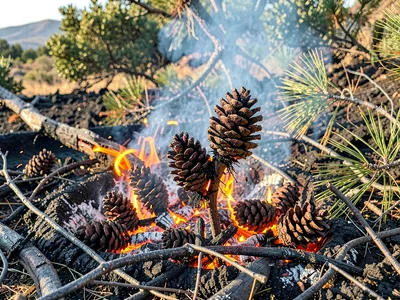 Pine cones opening after fire releasing seeds