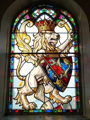 Heraldic lion stained glass