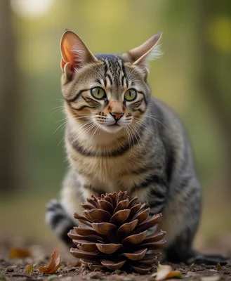 Cat sitting on a pine cone