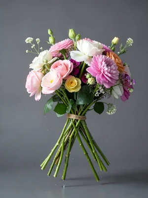 Flower arrangement floating without vase, stems gathered by invisible force, wat