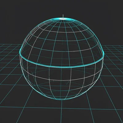 A wireframe sphere on a grid reference plane, its equator and meridians as brigh