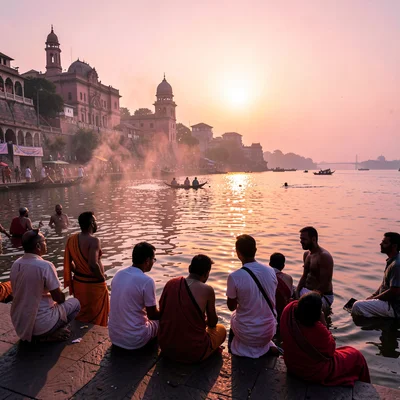 Varanasi ghat dawn, Ganges pink-gold light, group of pilgrims in waist-deep wate