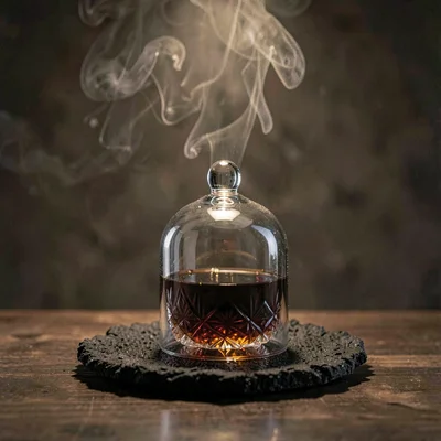 Moody lightbox shot of a smoked old-fashioned with a glass cloche on a charcoal