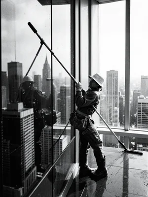 A window washer on a skyscraper, harness and squeegee, the city reflected in the