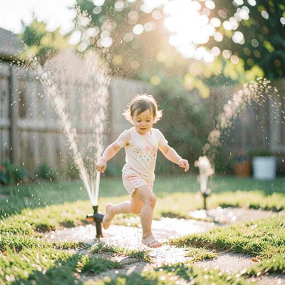 Child running through sprinklers in backyard