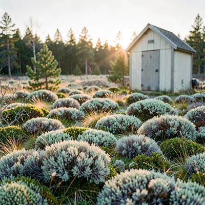 Sphagnum moss meadow at golden hour beside a small power shed, mottled greens