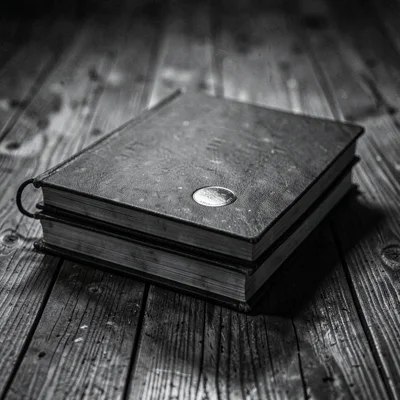 Charcoal study of a stack of debate binders on a wooden floor