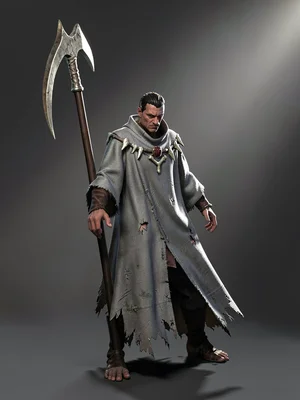 Solitary necromancer in tattered grey shroud with bone-clasped collar, scythe pl