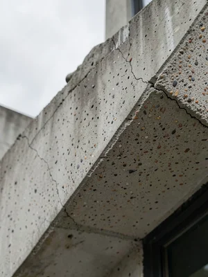 Concrete gargoyle on building edge, architectural detail, overcast autumn