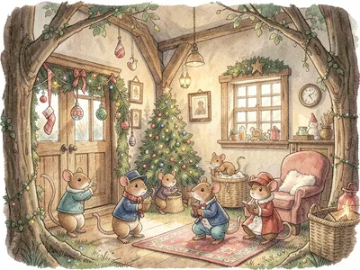 Mouse family Christmas decorating