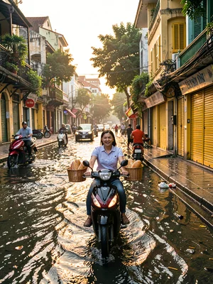 Vietnamese vendor balancing bread on motorbike