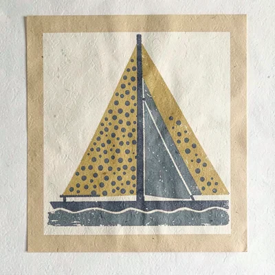 Riso poster of a stylized triangular sail in mustard and slate spot inks over wa