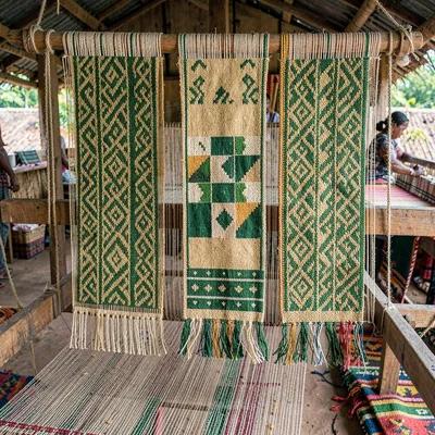 Kumasi kente weaving process, strip loom geometry, Completed kente strips hangin