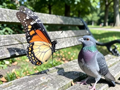 Butterfly with 6-foot wingspan perched on park bench next to startled pigeon