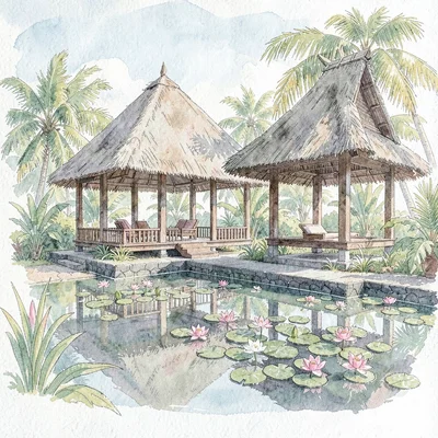 balinese villa with open-air pavilions and lily pond